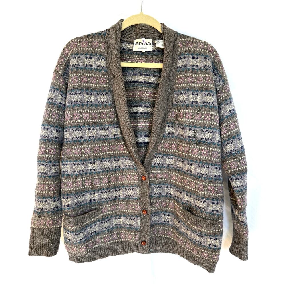 Vintage Nordstrom Brass Plum BP Oversized Wool Fair Isle Cardigan Sweater, Small